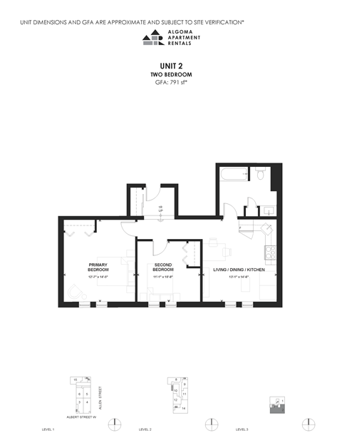Floor plan for 2 beds, 1 bath, 791 sqft